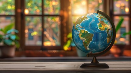 A vibrant globe sits on a desk, illuminated by natural sunlight streaming through a window, evoking a sense of wanderlust, curiosity, and the beauty of global diversity.