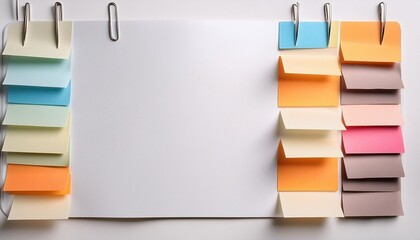 A blank white paper sheet with colorful sticky tabs attached for organization.
