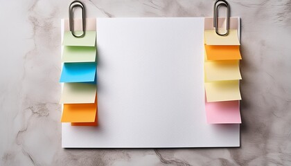 A blank white paper sheet with colorful sticky tabs attached for organization.