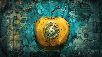 Fototapeta premium apple, nature, art, vintage background, products, enginer, generative, ai, steampunk, clock background, mechanical, pink, gold, gear, clock, movement,