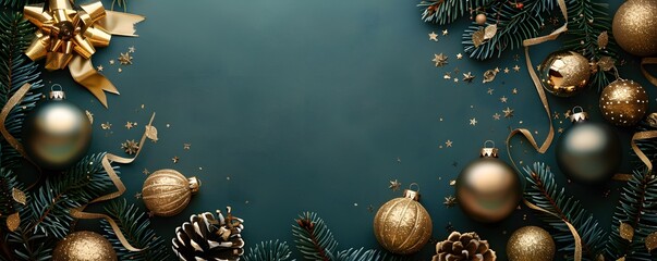 Golden Christmas ornaments and decorations on dark green background and copy space.  Fir tree branches. modern luxury design, for invitation cards. banners, ticket, discount, certificate