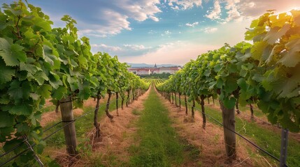 Naklejka premium An idyllic vineyard with rows of lush green vines leading towards a quaint town, bathed in soft sunlight and under a partly cloudy sky, epitomizing serenity and rural beauty.