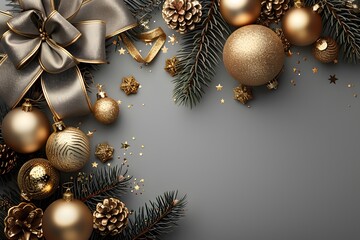 Golden Christmas ornaments and decorations on grey background and copy space. Fir tree branches. modern luxury design, for invitation cards. banners, ticket, discount, certificate