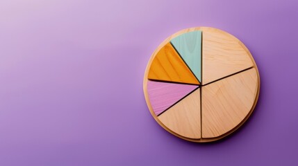 A wooden pie chart puzzle with vibrant colored segments on a purple background.