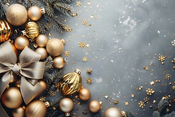 Golden Christmas ornaments and decorations on grey background and copy space. Fir tree branches. modern luxury design, for invitation cards. banners, ticket, discount, certificate