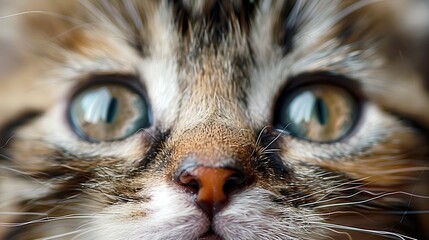 An intense extreme close-up photograph focusing on the cat's nose, highlighting the intricate textures and details of its fur and features, evoking curiosity and admiration.