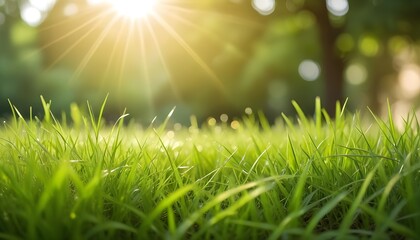 Fototapeta premium Lush green focused grass foreground with warm summer sun bokeh effect and blurred background