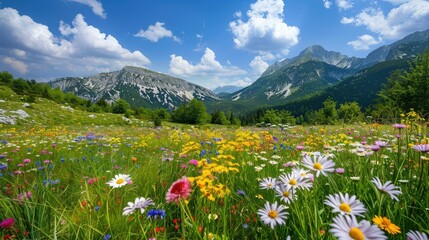 Fototapeta premium Idyllic mountain landscape with blooming meadows in summer springtime