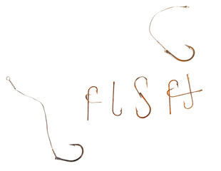 Word F I S H composed of old rusty fish hooks