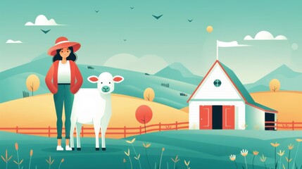 Obraz premium Livestock tracking, blockchain verifying animal locations, flat design illustration