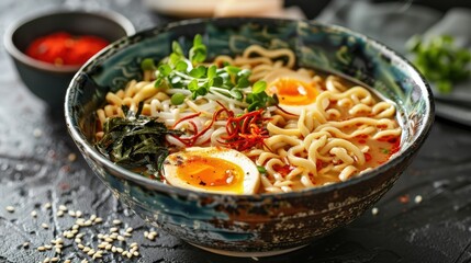 Japanese soup ramen in bowl on dark background
