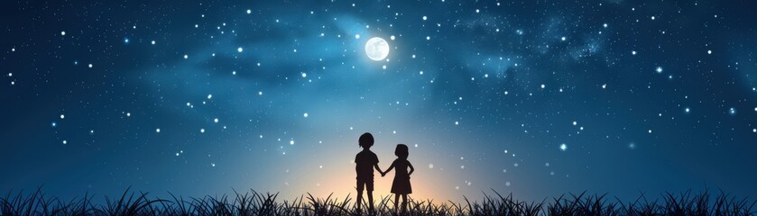 Obraz premium Children silhouette holding hands under a starry night sky with a full moon, creating a magical and dreamy atmosphere.