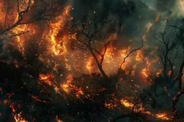 forest fire, burning trees and smoke