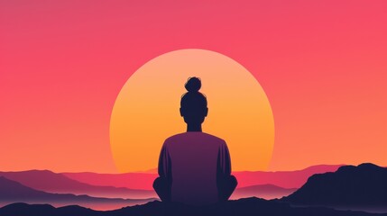 A person meditating against a vibrant sunset, reflecting peace and tranquility in a serene natural landscape setting.