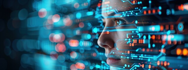 Obraz premium Man, double exposure, advanced data protection, dark background, holographic interface