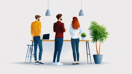 Three people standing around a high table discussing while working in a modern office setting with a minimalist design.