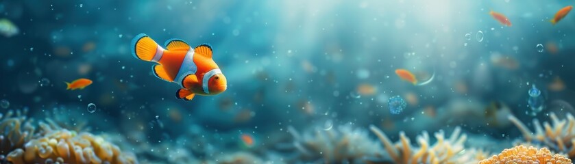 Fototapeta premium Vibrant clownfish swimming among colorful coral reefs in a sunlit underwater scene, showcasing the beauty of marine life.
