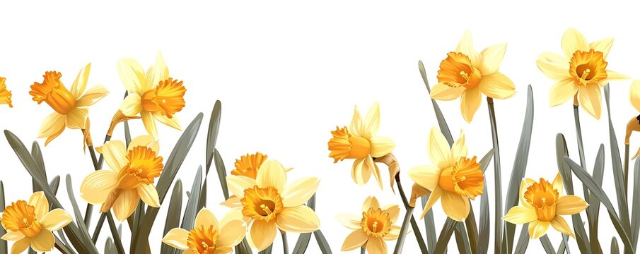 A border of yellow daffodils on a white background.