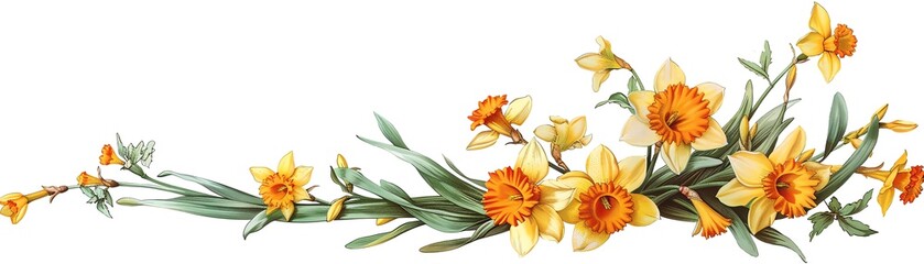 Fototapeta premium Delicate yellow daffodils with green leaves on white background.