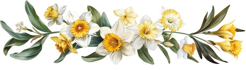 Obraz premium Delicate yellow flowers with white petals and green leaves.