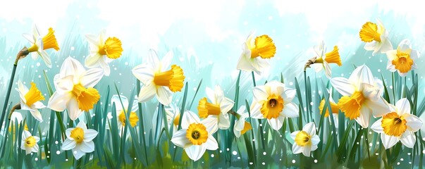 Fototapeta premium White and yellow daffodils bloom in a field of green grass.