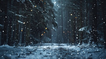 Enchanted snowy forest at night with snowfall, stars, and glowing trees in magical winter scene