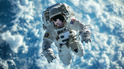 Portrait of astronaut floating in space with a asteroids, space rocks, burning sparks on backdrop