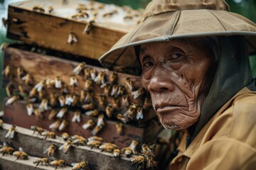 Elderly man with honeybees in box serene portrait of beekeeper in countryside setting holding bees for pollination