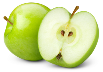 Apple isolated png. Green apple and a half on transparent background. PNG format. Green apples with no background. Full depth of field.