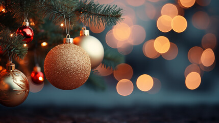 Fototapeta premium Christmas tree with different balls and decorations on the street. Concept of Christmas holidays and a New Year