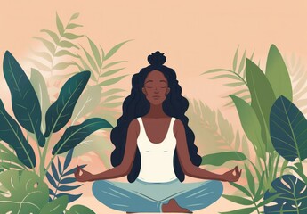 African american woman meditating in the serene jungle environment for mindfulness and relaxation