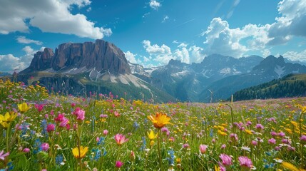 Fototapeta premium Idyllic mountain landscape with blooming meadows in summer springtime