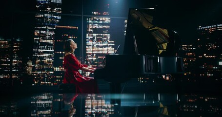 Female Composer Pours Her Soul Into the Grand Piano, Filling the City Venue With Expressive Notes. Stage Lights Create a Serene Atmosphere, Enhancing the Emotional Depth of Her Classical Performance - Powered by Adobe