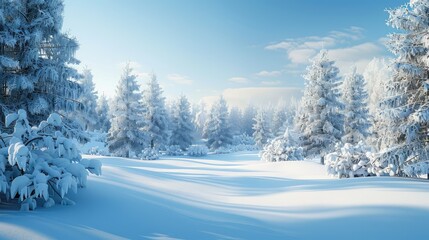 Obraz premium Frosty winter landscape in snowy forest snow background