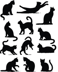 Hand-drawn animals set Flat design Cat silhouette vector 