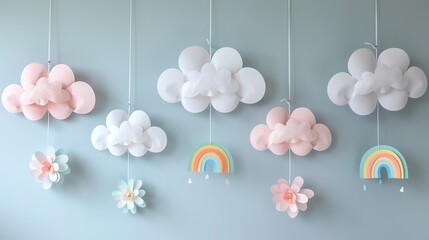 A whimsical nursery decor with fluffy clouds, rainbows and paper flowers hanging against a light blue wall.