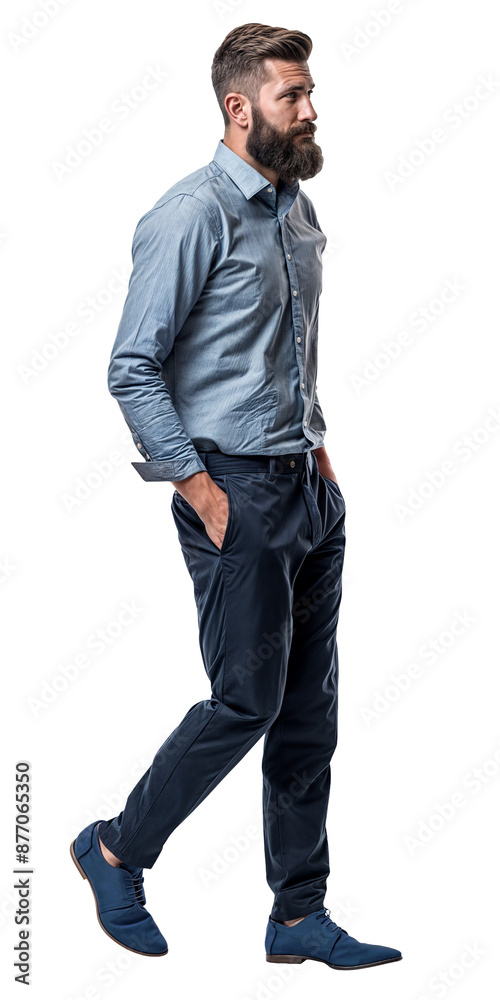 Wall mural Isolated walking handsome young bearded man wearing dark blue trousers and blue shirt, png,cutout on transparent background, ready for architectural visualisation