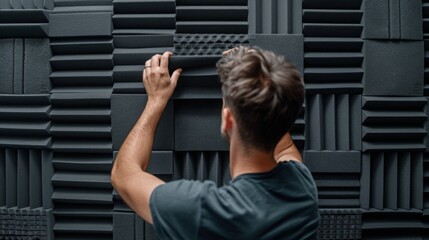 A man is seen from behind, installing black acoustic foam panels on a wall. He is carefully aligning the panels to create a sound-dampening environment.