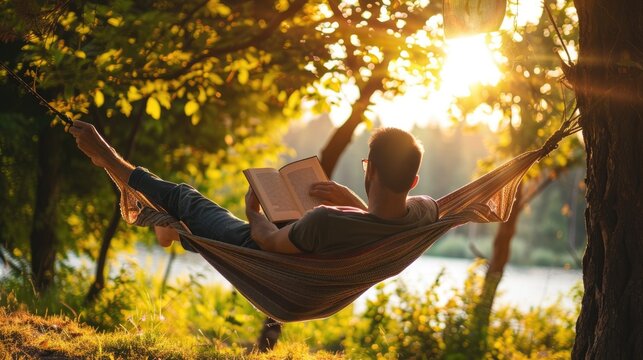 A man peacefully reads a book in a hammock between trees at sunset, enjoying a tranquil moment in nature AIG62