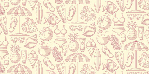 Monochrome minimalist seamless summer pattern, beach elements. Swimsuit, flip flops, flippers, fish, surfboard, umbrella, coconut cocktail, pineapple. For cover, wrapping paper, textile print