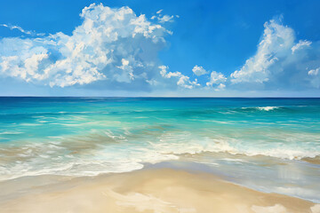 Fototapeta premium Serene and Inviting Beach Scene with Clear Blue Water and Fluffy Clouds