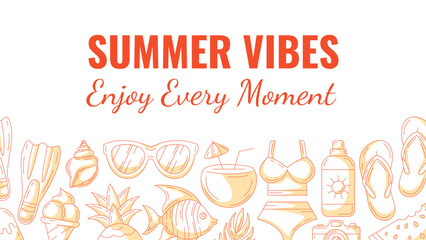 Summer minimalist horizontal banner, beach monochrome orange accessories icons. Bottom border frame, copy space, isolated on white. Summer vibes, enjoy every moment. For poster, card, invitation