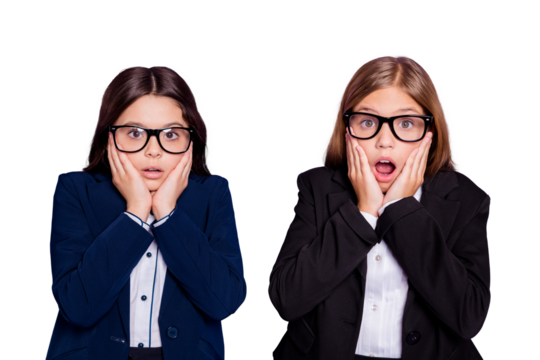 Close up photo of beautiful children impressed hear horrible news wear trendy stylish eyewear eyeglasses touch hand face isolated over purple background