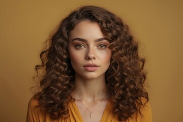 Curly girl, women portrait, emotions, copy space.