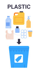 Plastic waste sorting concept illustration Various plastic items including bottles containers and bags with arrow pointing to blue recycling bin