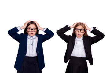 Portrait of frustrated beautiful kids touch head hands scream hear terrible novelty wear eyeglasses eyewear isolated over violet background