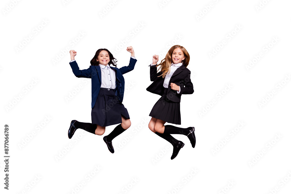 Canvas Prints Full length photo of confident children raise fists wear trendy skirt long socks isolated over purple background