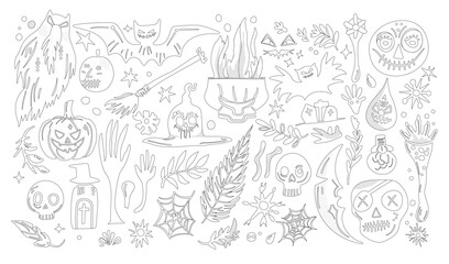 Set of isolated Halloween decoration elements in doodle hand-drawn graphic vector illustration on transparent background. Black outline style for coloring book.