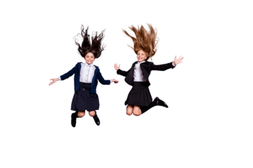 Full body portrait of nice trendy children raise hands feel dreamy isolated over purple background