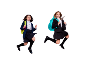 Full length photo of charming children wear skirt long socks go school isolated over purple background